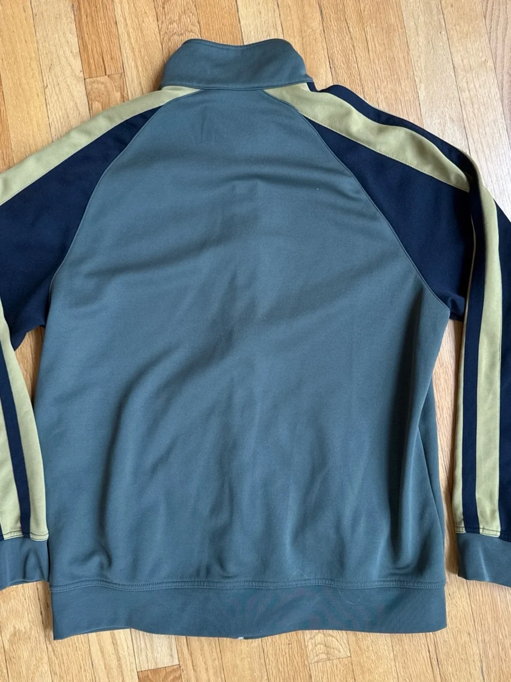 Nike Men's Olive Green and Navy Zip-Up Track Jacket with Gold Accents